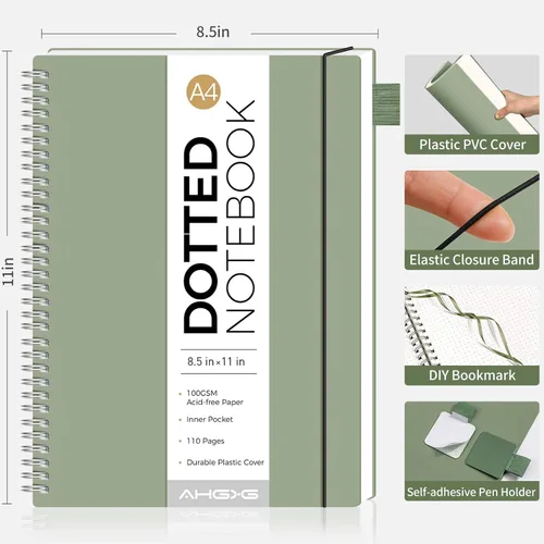 Vista 4 de AHGXG Diario de puntos, cuaderno en espiral de cuadrícula de puntos de 8.5 x 11 pulgadas, cuaderno de puntos grande A4, papel grueso de 3.53 oz/m²
