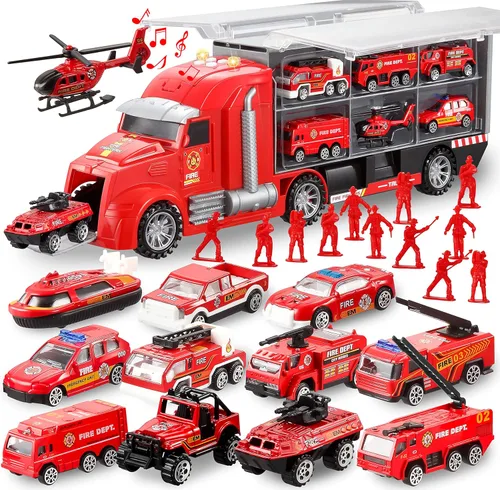 Vista 10 de JOYIN Juego de camiones de construcción 25 en 1 con 12 vehículos y 12 figuras de trabajadores, camiones de juguete Push and Go con sonido y luz