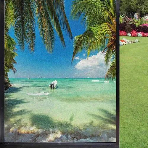 Vista 17 de Película decorativa de privacidad para ventana, control de calor, bloqueo solar, protección UV, diseño abstracto oceánico, adherencia estática Azul