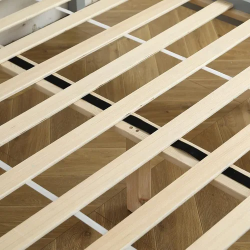 Vista 7 de Karl home Base de cama de madera tamaño matrimonial con cabecero, plataforma para dormitorio con estribo, soporte de 12 listones de madera, no Gris