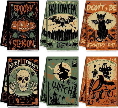 Vista 11 de Ganeen Juego de 6 toallas de mano de Acción de Gracias con texto en inglés «Hello Fall» en blanco y negro, vintage, calabaza, camión, motero