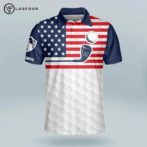 Vista 2 de LASFOUR Polo de golf personalizado divertido para hombre, orgulloso de golf, bandera estadounidense, polo patriótico 3D de golf para hombre