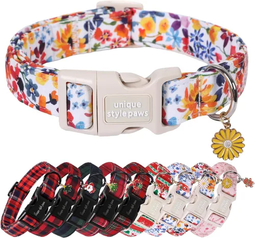 Vista 9 de Collar de perro de Navidad de Unique Style Paws con hebilla de plástico y colgante, a cuadros rojo y negro, collares de algodón para cachorros