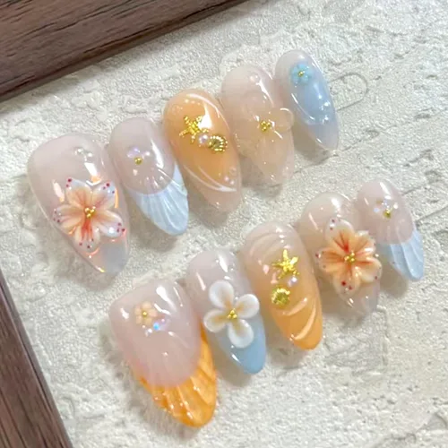 Vista 20 de 24 piezas de uñas postizas de punta francesa a presión, uñas postizas medianas en forma de almendra con diseño de ondas azul oscuro, uñas postizas