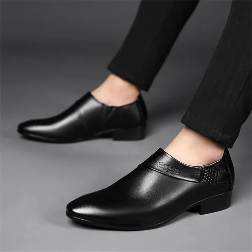 Vista 2 de Zapatos de vestir de esmoquin de cuero para hombre, clásicos, sin cordones, formales, estilo Oxford, a la moda, casual, de cuero, puntiaguda