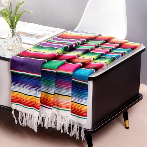 Vista 11 de Camino de mesa mexicano, paquete de 12 unidades, 14 x 84 pulgadas, decoración de fiesta temática mexicana para fiesta del Cinco de Mayo, Serape
