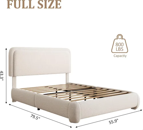 Vista 2 de Base de cama de tamaño Full con tapizado de bouclé, plataforma tapizada con cabecera, anticolisión con esquinas redondeadas suaves, no requiere