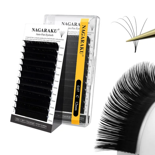 Vista 10 de NAGARAKU Extensiones de pestañas listas para colocar, forma de abanico, 3 capas, auto-floreciente, mega volumen, pestañas suaves pre-pegadas, 0.03 D