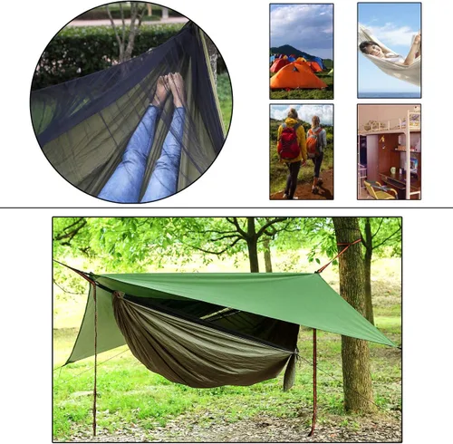 Vista 6 de Juego de hamaca de paracaídas portátil de nailon doble de alta resistencia, hamaca de campamento con lona para moscas de lluvia y mosquitera
