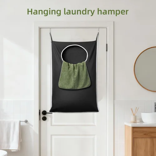 Vista 7 de KEEPJOY Cesta de lavandería XL negra para colgar en la puerta, 36.5 x 22.5 pulgadas, bolsa colgante de gran capacidad con apertura grande y ganchos