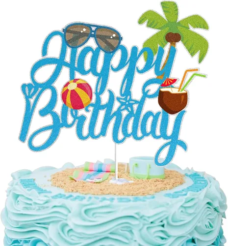 Vista 6 de LINGBOOM Summer Beach - Decoración para pastel de cumpleaños con purpurina azul, 4.2 x 5.9 in, multicolor