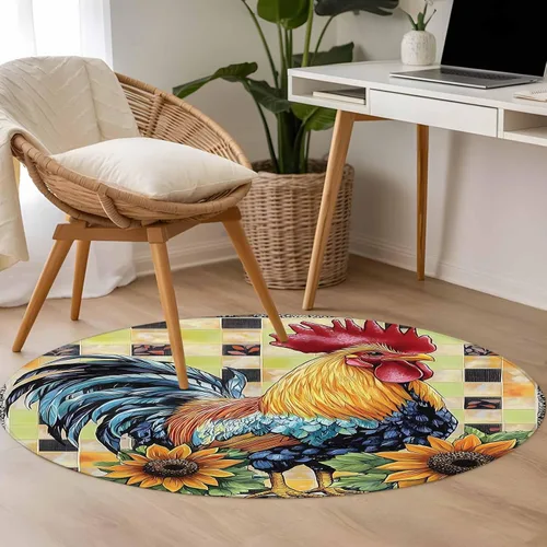 Vista 5 de 4ft Round Rug, Retro Rooster Non-Skid Rubber Backing Large Area Rugs - Living Room Bedroom Home Office, Yellow Sunflower Watercolor Animals Plaid