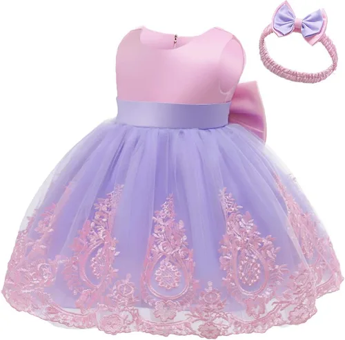 Vista 2 de 3M-6T - Vestido de encaje con lazo para niñas pequeñas, vestido de bordado con gorro