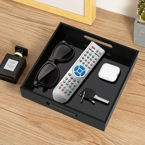 Vista 6 de Bandeja de acrílico para servir con asas, mesa auxiliar negra de 10 pulgadas, tocador Organizador decorativo elegante y duradero para comer
