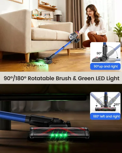 Vista 8 de Aspiradora inalámbrica, 500 W, 40 KPa, 60 minutos para el hogar, potente aspiradora de palo con luz verde, aspiradora inalámbrica antienredos, Azul