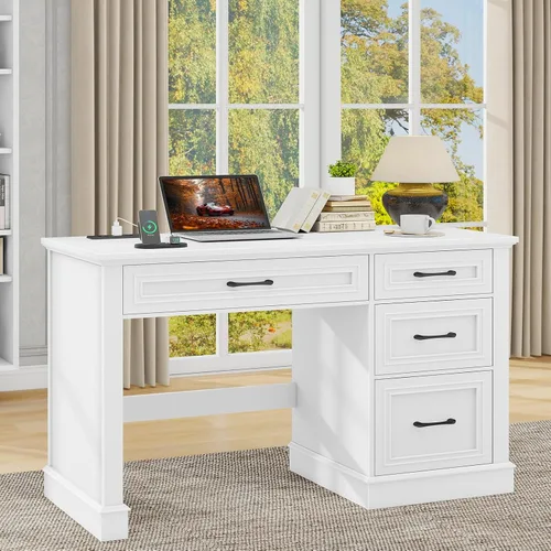 Vista 9 de Vabches Farmhouse 47" Executive Desk with Charging Station, Unique White Blanco único