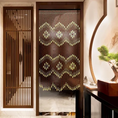 Vista 2 de Cortina de bambú natural para puerta, 31 hebras de flecos con cuentas para puerta, cortinas hechas a mano, cortinas colgantes con cuentas