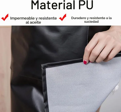 Vista 4 de Delantal impermeable Bolsillo grande PU Material Impermeable a prueba de aceite Delantal a prueba de polvo Negro y rojo