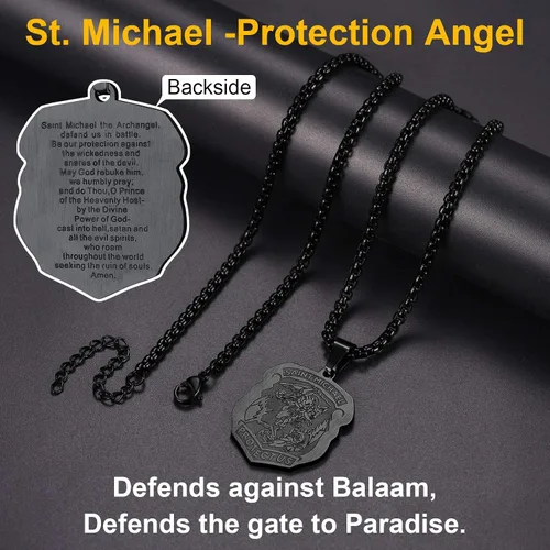 Vista 5 de ChainsPro Collar de San Miguel para hombre con oración completa, medallón de arcángel de protección, cadena de 55+2.0 in ajustable, acero inoxidable