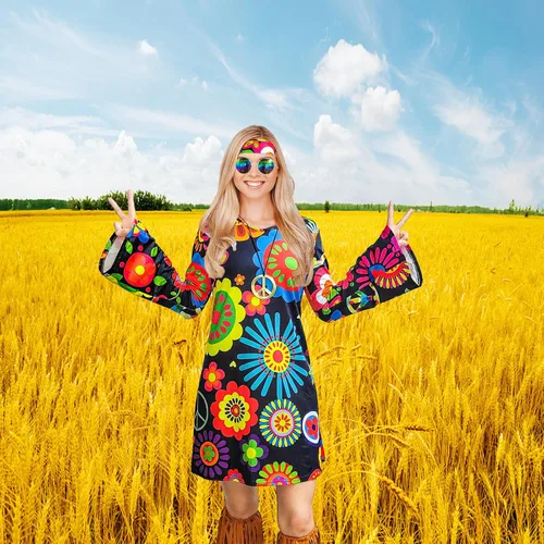 Vista 4 de ATAMET Disfraz hippie de los años 60 y 70 para mujer, ropa hippy, vestido de discoteca para adultos, disfraz de fiesta de los años 70