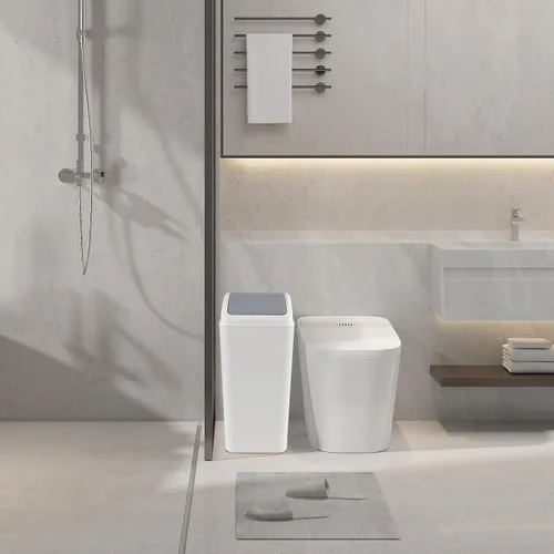 Vista 4 de bote de basura, tapa de plástico, 4 galones/15 litros Material plástico, diseño de tapa giratoria, cubo de basura de plástico, ideal para baño