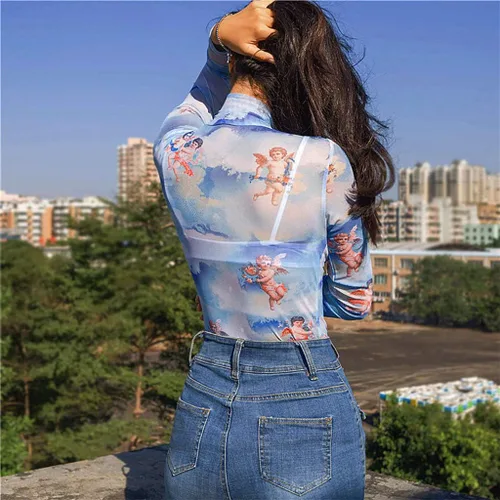 Vista 7 de Trajes de verano para mujer, sexy, con estampado de ángel, manga larga, monos