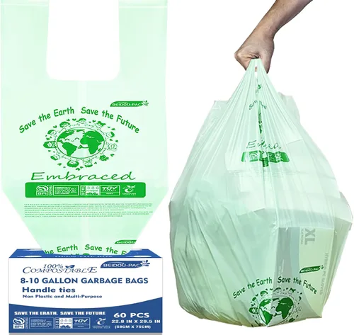 Vista 21 de BEIDOU-PAC Bolsas de basura compostables certificadas de 1.6 galones con asa, 125 bolsas de basura pequeñas de compost para cocina, bolsas de basura