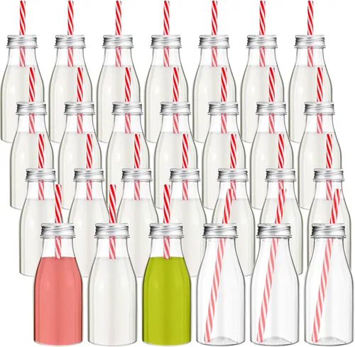 Vista 8 de Irenare 40 juegos de botellas de leche pequeñas de plástico con popotes y tapas de metal, botella de plástico transparente para leche láctea, Dorado