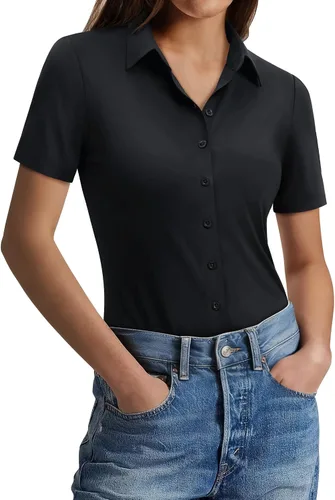 Vista 16 de Gleeivy Camisas con botones para mujer, ajustadas, de manga corta, elásticas, para el trabajo, sin arrugas, blusas de oficina