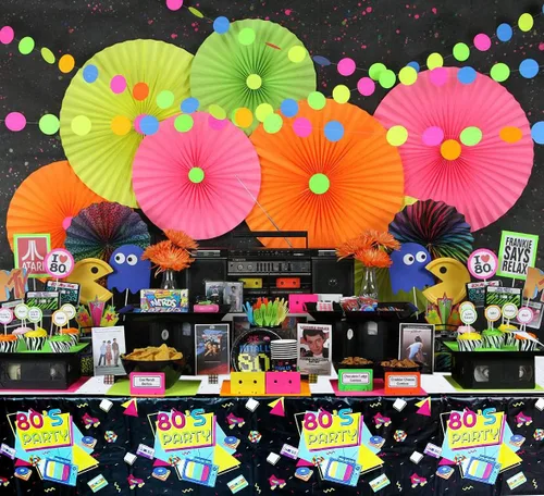 Vista 3 de Suministros para fiestas de los años 80, 61 platos, servilletas, manteles para decoraciones de fiesta de regreso a los años 80, sirve para 20