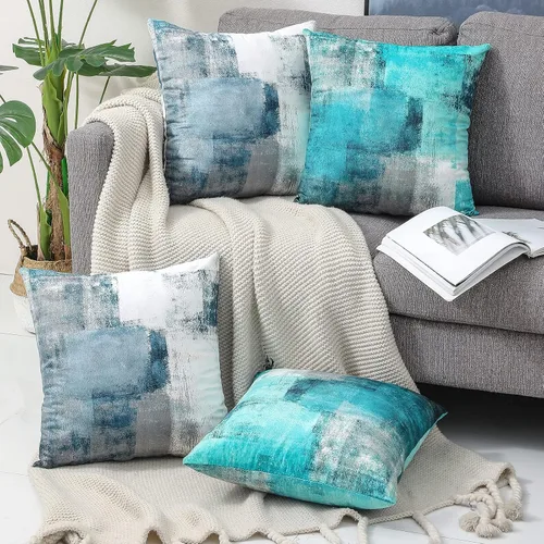 Vista 4 de OYIMUA Juego de 2 fundas de almohada azules de 16 x 16 pulgadas, modernas fundas de almohada abstractas azules y grises para sofá, fundas
