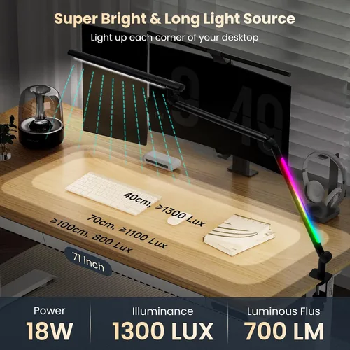 Vista 2 de Lámpara de escritorio LED con abrazadera, luz de escritorio de arquitecto de doble luz de 18 W, interruptor de sensor de luz RGB con brazo oscilante