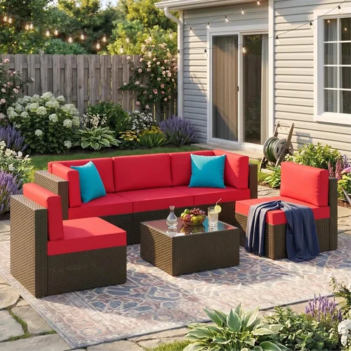 Vista 11 de Vongrasig Juego de 6 muebles de patio pequeños, sofá modular de mimbre de polietileno para todo tipo de clima, sofá seccional para exteriores