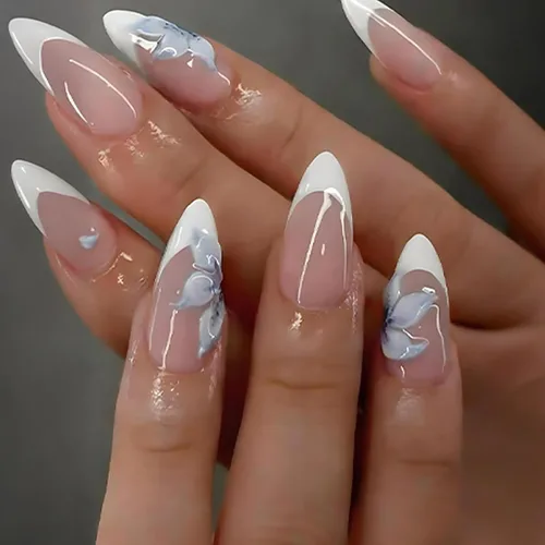 Vista 15 de Nude French Tip Acrylic Medium Almond Press on Nails Flower Fake Nails LHD-Almond-006-03