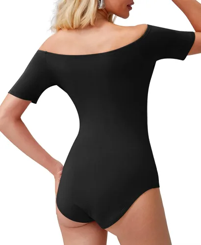 Vista 3 de LAOALSI - Body de manga corta para mujer, con hombros descubiertos, ajustado, informal, básico, camiseta
