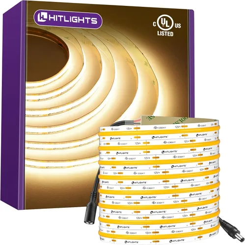 Vista 13 de HitLights COB - Tira de luces LED de color blanco cálido, cinta de luz de 12 V, 2700 K, 16.4 pies, 2640 LED, 426 lm/ft, CRI 90+, IP30, iluminación