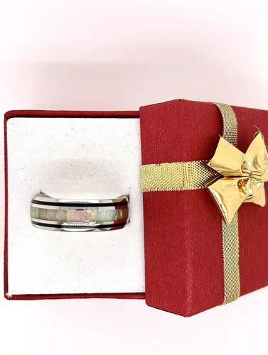 Vista 3 de Anillo de ópalo de fuego blanco y esmalte negro plata de acero inoxidable 0315in banda hombres y mujeres tamaño 5 - 14