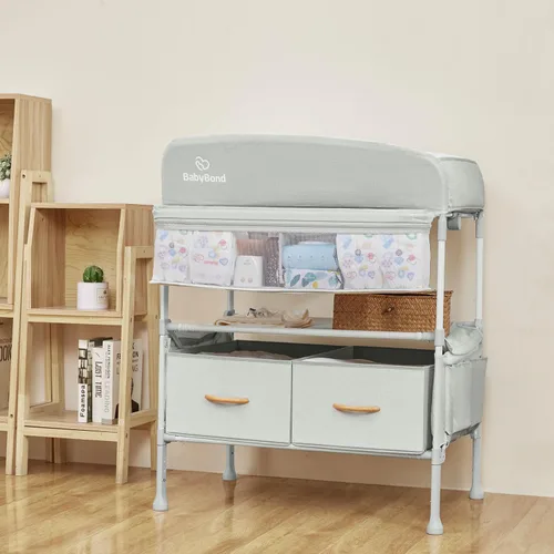 Vista 5 de BabyBond Cambiador portátil para bebé con 2 cestas de almacenamiento, cambiador plegable cómoda cambiador de pañales, estación de cambio ajustable