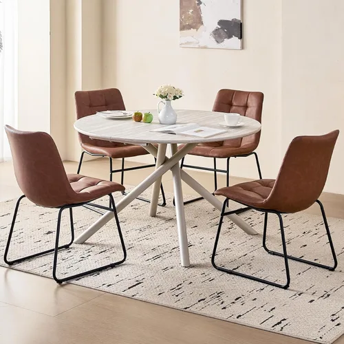 Vista 19 de Juego de mesa de comedor redonda de 47 pulgadas para 4, mesa redonda moderna de cocina, patas cruzadas de metal recubierto con 4 sillas de comedor