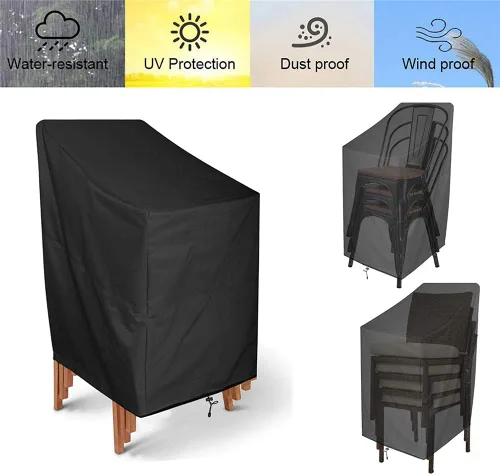 Vista 6 de Funda de silla apilable con respaldo alto para patio, bolsa de almacenamiento impermeable para muebles de exterior, protección de asiento profundo