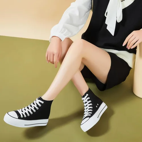 Vista 7 de POVOGER Zapatos deportivos de plataforma para mujer, zapatos de lona altos de moda, zapatos de plataforma blancos para mujer, zapatos casuales