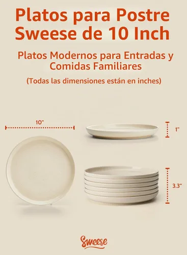 Vista 2 de Sweese - Juego de platos de porcelana de 10 pulgadas, beige, redondos, 6 unidades, para servir ensaladas, resistentes a los arañazos, aptos