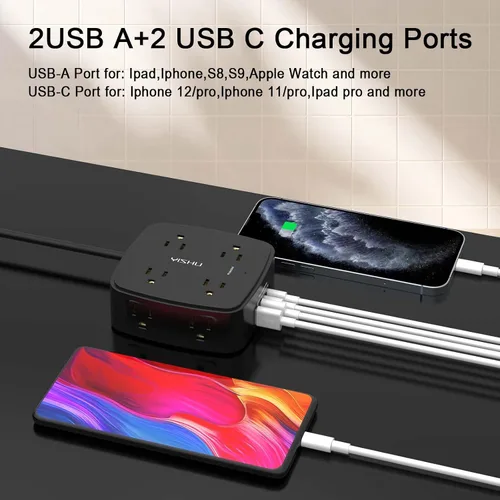 Vista 3 de Regleta de protección contra sobretensiones de 5 pies, 8 tomas amplias con 4 puertos USB, extensor de salida de 3 lados con cable de extensión de 5