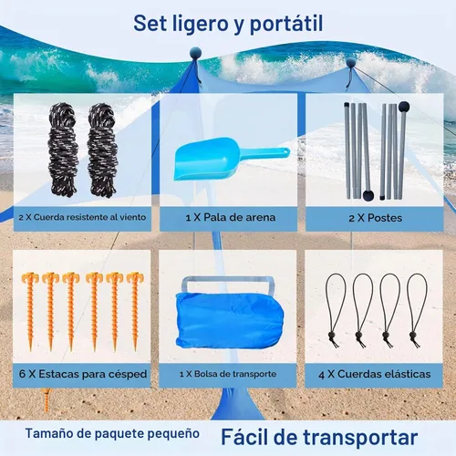 Vista 6 de YENGIAM Toldo de playa, tienda de campaña de playa, sombra desplegable de 7.5 x 7.5 pies, refugio solar portátil con cuerda extra resistente al