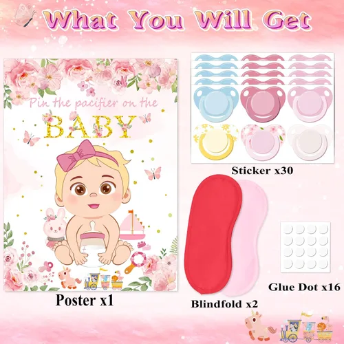 Vista 6 de Juego Pon el Chupete al Bebé Rosa Juego de Baby Shower Decoraciones para Fiesta Incluye Póster Grande 30 Pegatinas de Chupete Juego para Baby