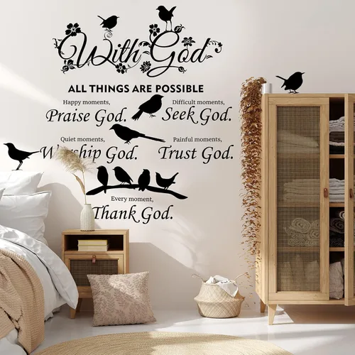 Vista 4 de 2 calcomanías de pared con versículo bíblico, con cita de las Escrituras, con Dios las cosas son posibles, vinilo cristiano alabanza a Dios