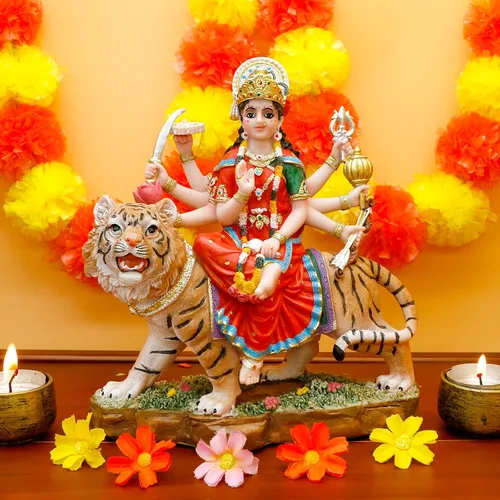 Vista 3 de alikiki Diosa hindú Durga Estatua grande – 8.5 pulgadas Dios indio Durga MATA Ídolo en la estatua de tigre India Murti Casa Oficina Templo Mandir