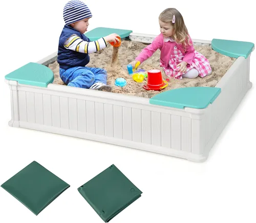 Vista 12 de Costzon Caja de arena para niños con cubierta, caja de arena de polietileno de alta densidad de 47 x 47 pulgadas con cubierta Oxford, forro Marrón