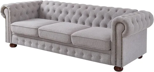 Vista 8 de Lestar Sofá Chesterfield de 3 plazas de 88 pulgadas con decoración de uñas en tela de lino, cómodos sofás para sala de estar (beige)