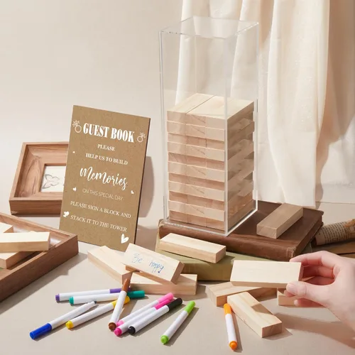 Vista 2 de Beeveer 80 piezas Libro de invitados para boda alternativo en bloque de madera para cartel de boda, decoración de despedida de soltera, 54 piezas